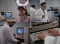 Several Commodore Amiga 1000 and 2000 computers, 1010 dsik drive and 1084 / 2002 monitors in the movie Bionic Showdown: The Six Million Dollar Man and the Bionic Woman.