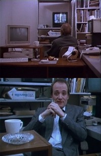A Commodore C64 and a Amiga 1000 computer, 1541 disk drive and a 2002 monitor in the movie Family Viewing.