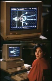 A Commodore Amiga 2000 computer and a 1080 monitor in the movie Puppet Master 2.